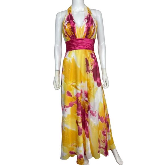 Camille La Vie Women 2 Multicolor Silk Y2K Fuschia Halter Floral Maxi Dress NWT - Picture 1 of 3